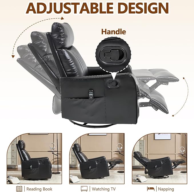 Slim Swivel Rocking Chair Recliner with PocketsLazy Boy Recliners for for AdultsSmall Recliner Chair for Small Spaces Manual Reclining Chair for Living Room Bedroom (Black)