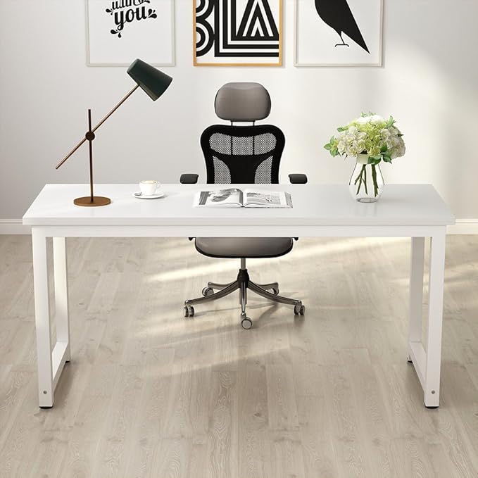 Tribesigns Computer Desk 55 inch Large Office Desk Computer Table Study Writing Desk for Home Office White + White Leg
