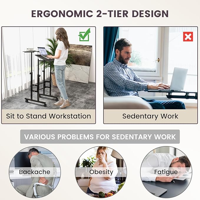Standing Desk Height Adjustable Sit-Stand Desk with Tiltable Desk Top Rolling Laptop Stand &amp Workstation Mobile Stand up Computer Desk on Wheels for Small Spaces Home &amp Office (Black)