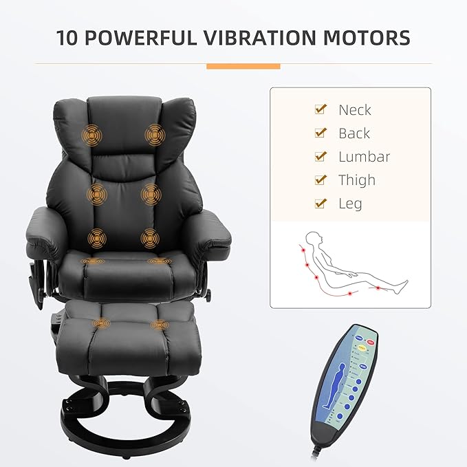 Massage Recliner Chair with Ottoman Footrest 10 Vibration Points 360° Swivel Reclining Chair Faux Leather Living Room Chair with Side Pocket and Remote Control Black