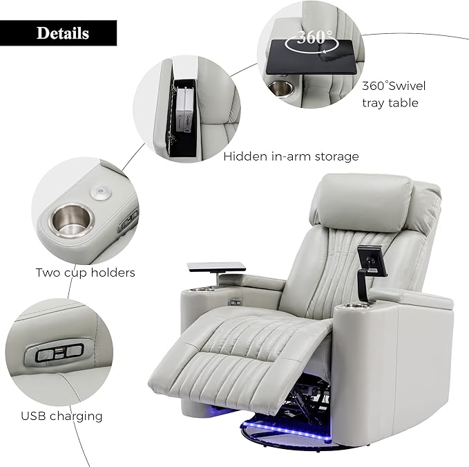 Power Swivel Glider Recliner for Nursery Home Theater Seating with Hidden Arm Storage LED Light Strip Cup Holder Tray Table Cell Phone Holder for Living Room