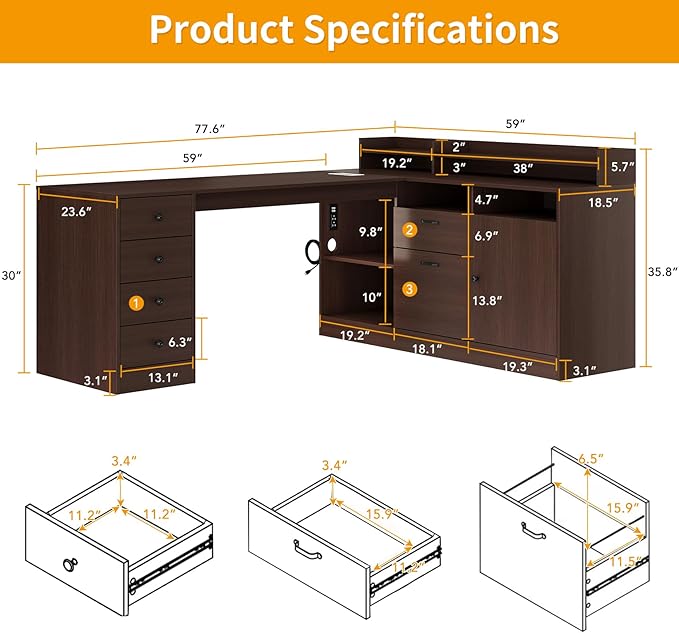 78 L Shape Executive Desk - Large Office Desk with Drawers and Cabinet Storage Business Furniture with Charging Station &amp USB Ports Modern Computer Desk for Home Office Brown