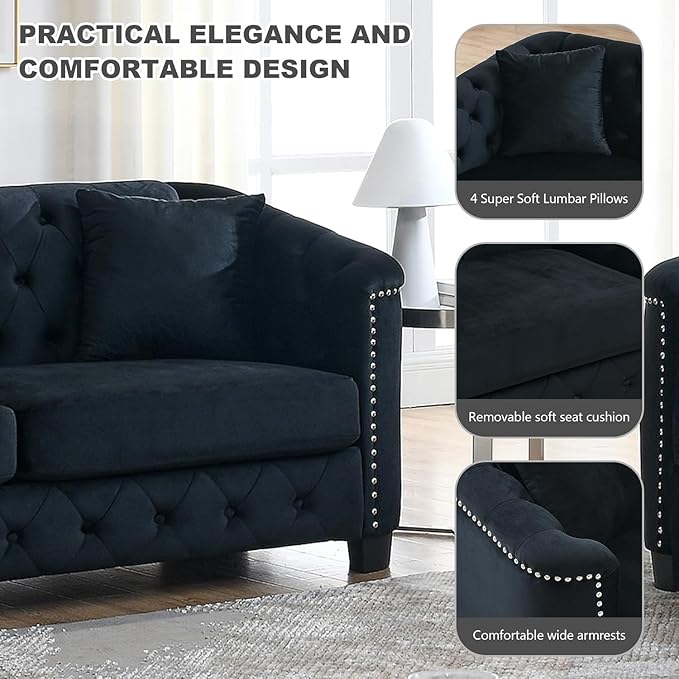 2 Piece Modern Chesterfield Velvet 77 3-Seater+59 Loveseat Sofa Set Upholstered Tufted Backrests with Nailhead Arms and 4 Cushions for Living Room Bedroom ApartmentBlack