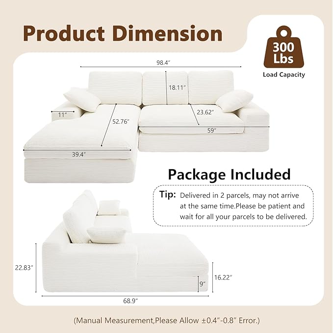 98.4 Cloud Modular Sectional Couch with ChaiseL-Shaped Modern Upholstered Sofa with Deep SeatCorduroy Sectional Couches for Living Room and BedroomNo Assembly Required(Beige)