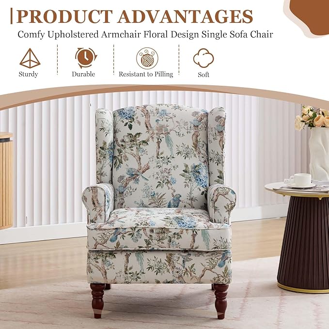 Modern Floral Accent Chair Upholstered Armchair Wingback Chair with Wooden Legs Single Sofa Reading Chair Accent Chairs for Living Room Bedroom Office (Antique Blue)