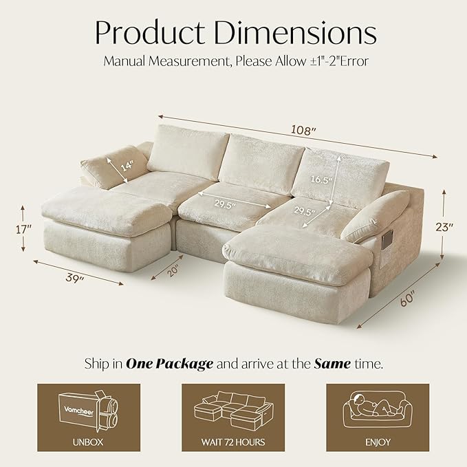 Vamcheer U Shaped Cloud Couch - Utra Soft Modular Sectional Sofa with 2 Movable Ottoman Deep Seat Boneless Couches for Living Room Bedroom Office No Assembly Required Beige