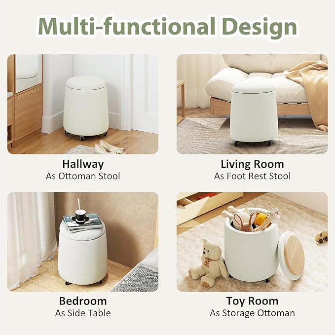 Storage Ottoman with Wheels 15“W Swivel Rolling Foot Stool Boucle Terry Fabric Coffee Table Ottoman with Hidden Storage Round Vanity Stools for Makeup Room Living Room Bedroom Entryway Dorm Beige