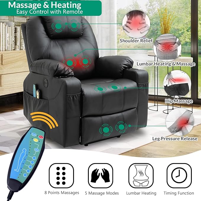 VIVIJASON Power Lift Chair Electric Recliner for Elderly Heated Vibration Massage Faux Leather Recliner Chair with 2 Remote Controls Cup Holders Side Pockets &amp USB Ports for Living Room (Black)