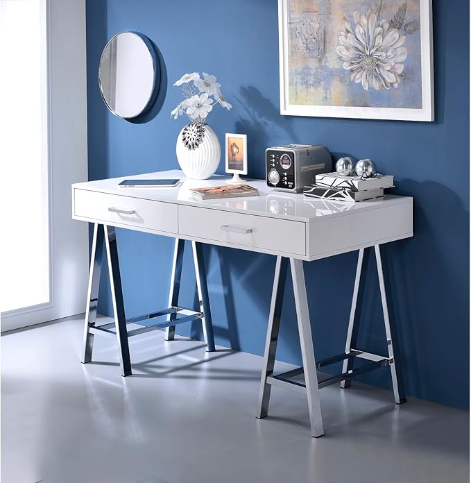 Coleen White High Gloss Writing Desk | USB Charging Port | Spacious Drawers | Compact Home Office