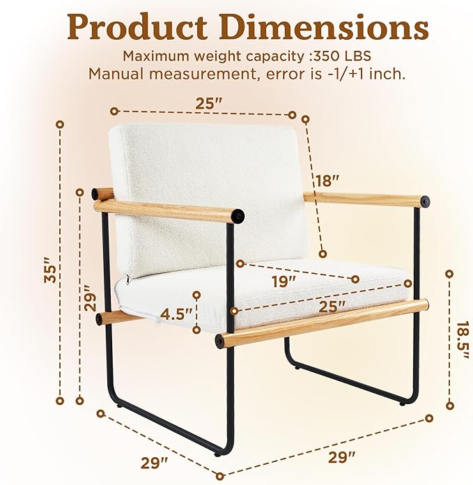 29in Boucle Fabric Accent Chair for Bedroom Modern Lounge Chair for Living Room Upholstered Reading Armchair with Metal and Wooden Arms (Natural x2)