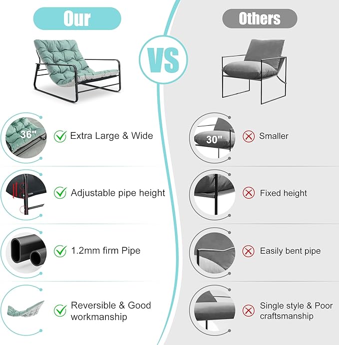 HomeMiYN Accent Chair Metal Framed ArmchairIndoor &amp Outdoor Oversized Sling Recliner Chair Support 500lbs with Extra Thick Double-Sided Cushionfor Living RoomBedroomBalconyTeal Blue/Grey