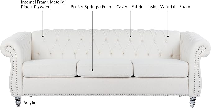 Ball &amp Cast 84 Chesterfield Sofa with Channel Tufted Seat BackClassic 3 Seater Couch Removable Square Arm Nailhead Trim and UpholsteredMid Centuryfor Living RoomBedroomOfficeWhite Polyester