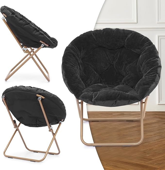 MoNiBloom Round Folding Faux Fur Saucer Chair for Bedroom Living Room Dorm Foldable Metal Frame Oversized Large Comfy Furry Padded Soft Cozy Moon Chair with Footrest Ottoman for Adults (Black)