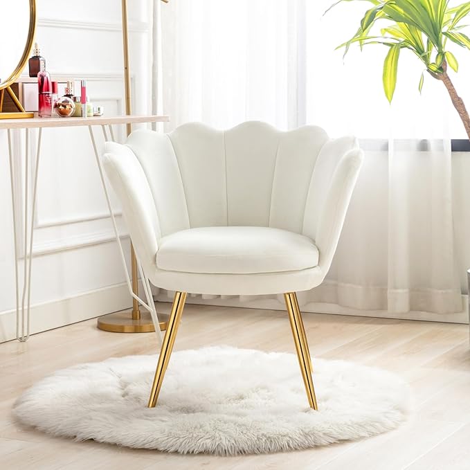 chairus Cream White Makeup Vanity Chair with Back Small Modern Velvet Upholstered Accent Chair with Gold Metal Legs Cute Shell Shaped Vanity Stool Desk Chair for Living Room Bedroom Dressing Room