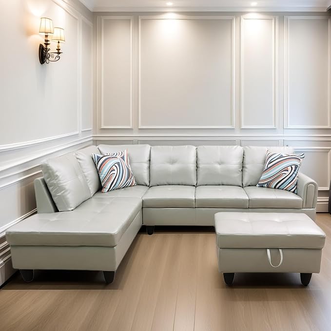 FONTOI L Shaped Sectional Couches Leather Couch Modular Sectional Sofa with Ottoman Storage Modern L Shaped Couch with Chaise for Living Room Bedroom Apartment Furniture White