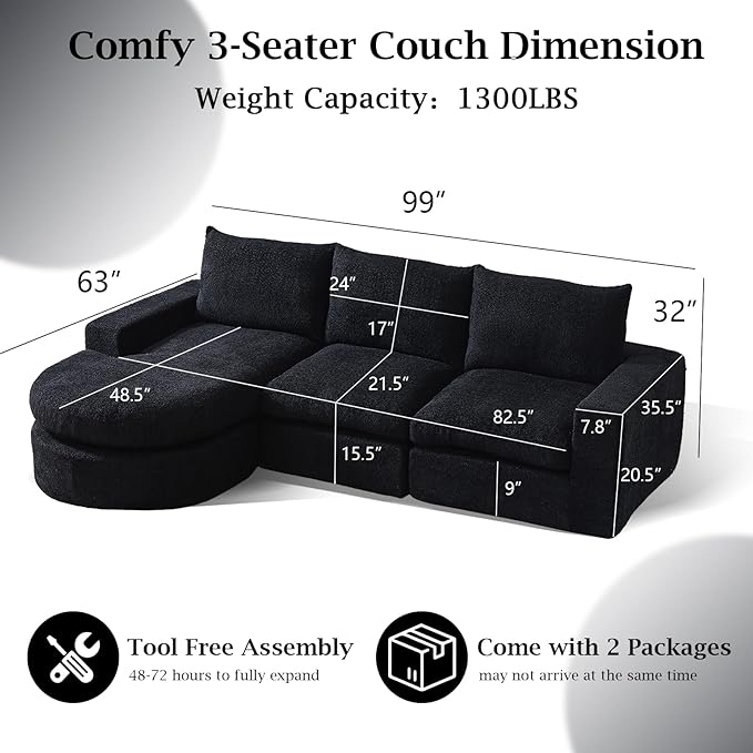 99 Modular Sectional Sofa Cloud Sectional Couch with Neck Pillow &amp Deep Seat Chenille Boneless Couches with L-Shape Chaise for Living RoomNo Assembly Required Black