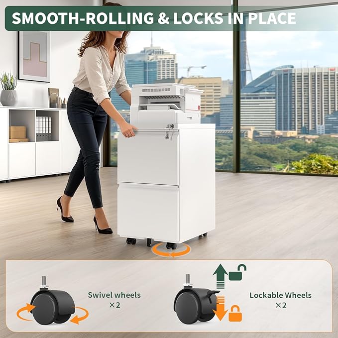2 Drawer File Cabinet with LockUnder Desk Rolling Small Filing Cabinet for Home Office Storage Mobile Steel Cabinets with Wheels Fully Assembled White