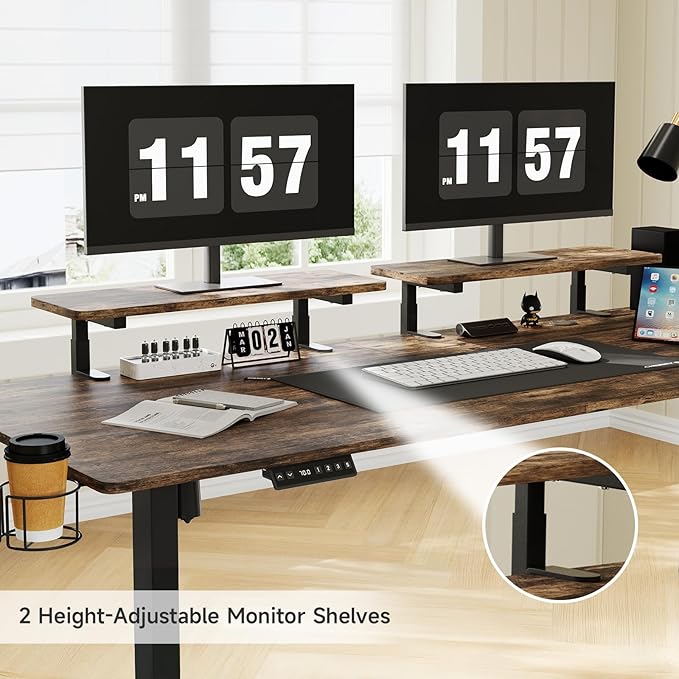 63 x 24 Inches Electric Standing Desk with 2 Monitor Shelves Adjustable Computer Desk from 28-46'' Sit to Stand UpHome Office Desk with Memory Controlller for Workstations Rustic Brown