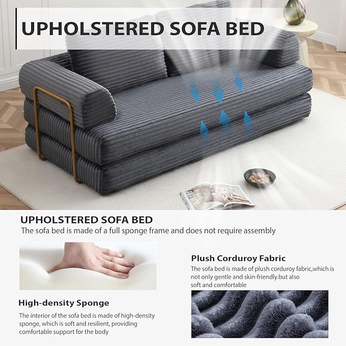 80” Convertible Sleeper Sofa Bed High Back Plush Corduroy Boneless Futon Loveseat with Pull Out Bed Fixed-Shape Folding Floor Mattress Couch No Assembly Required (Grey)