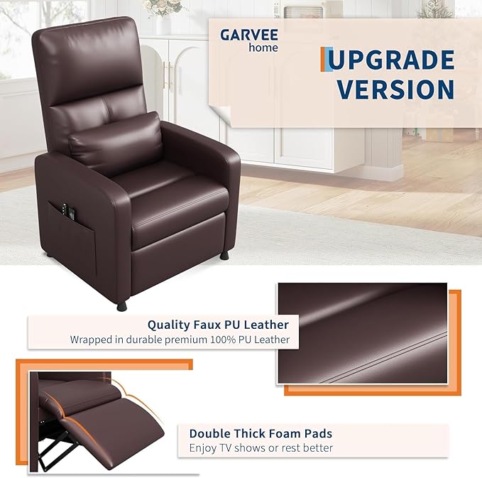 Power Recliner Chair Adjustable Electric Recliner Chair with Tall Back &amp Overstuffed Padding PU Leather Single Sofa with 2 Side Pockets &amp USB Port Home Theater Seating for Living Room Brow