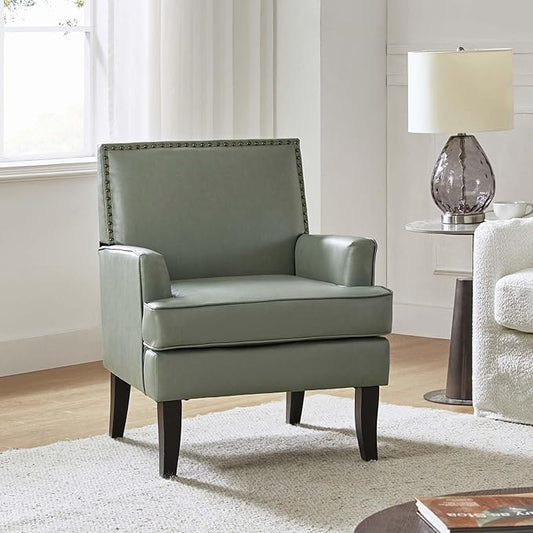 HULALA HOME Modern Faux Leather Accent Chair Comfy Upholstered Sofa Chair with Nailhead Trim Living Room Bedroom Armchair with Wood Legs Sage