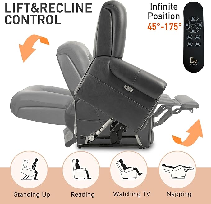 EONIX Four Motor Lay Flat Power Lift Recliner Chair for Elderly 400lbs Electirc Lift Chair for Living Room Independent Adjustable Lumbar Support &amp Headrest Extended Footrest Grey