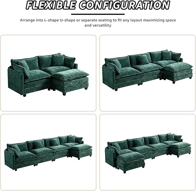 149.6 Modern Cozy Sectional Couches for Living Room Green Chenille Comfy Cloud Couch Sectional 4 Seater Couch for Living Room Sofas para Sala I Shaped Sofas &amp Couches (Green 4+0 Set)