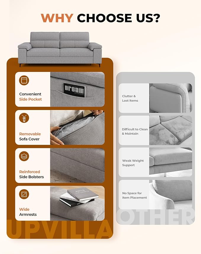 88.97 Modern Sofa Couches for Living Room Deep Seat Sofas with 8”Cushion Comfy 2-Seater Chenille Loveseat with Convertible Armrest Removable Sofa Cover High Leg(Light Gray)