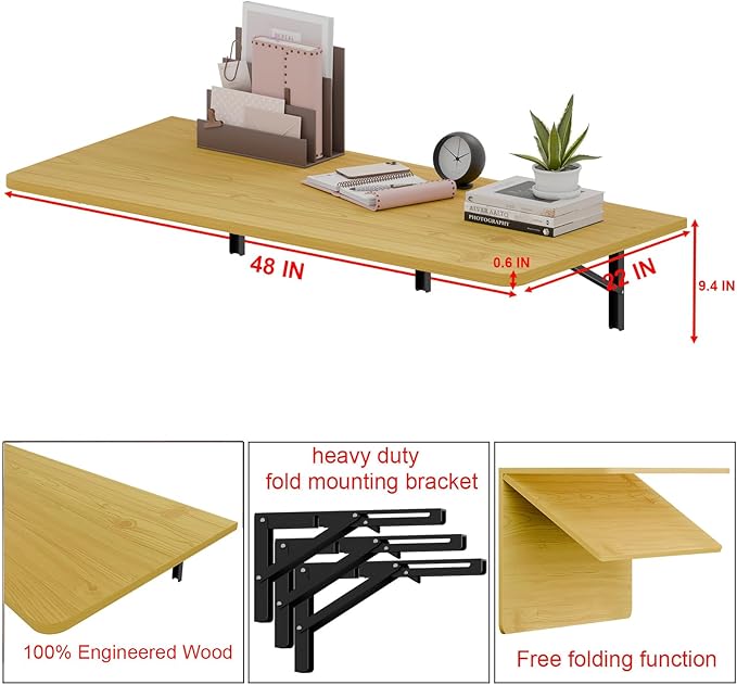 IAE 48 x 22 Floating Foldable DeskWall-Mounted Folding Computer Table with Engineered WoodStudy Table with Shelf BracketsFold Down ShelfFold Computer Desk for Small SpacesHolds 500 lbNatural