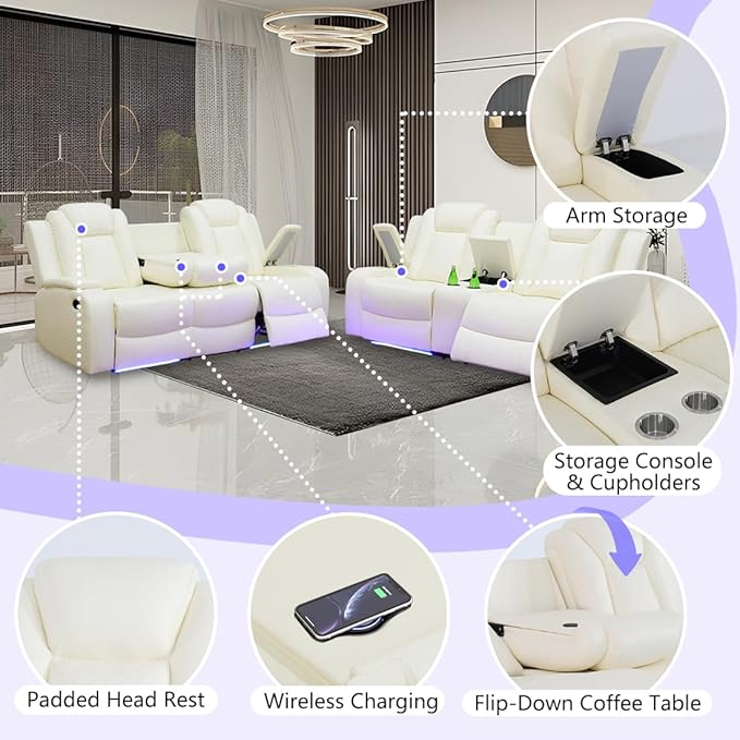 White Leather Power Recliner Loveseat with LED Lights Home Theater Reclining Sofa Loveseat Luxury 2 Seater Reclining Couch with Cup Holders/Storage for Living Room/Bedroom/Office Warm White