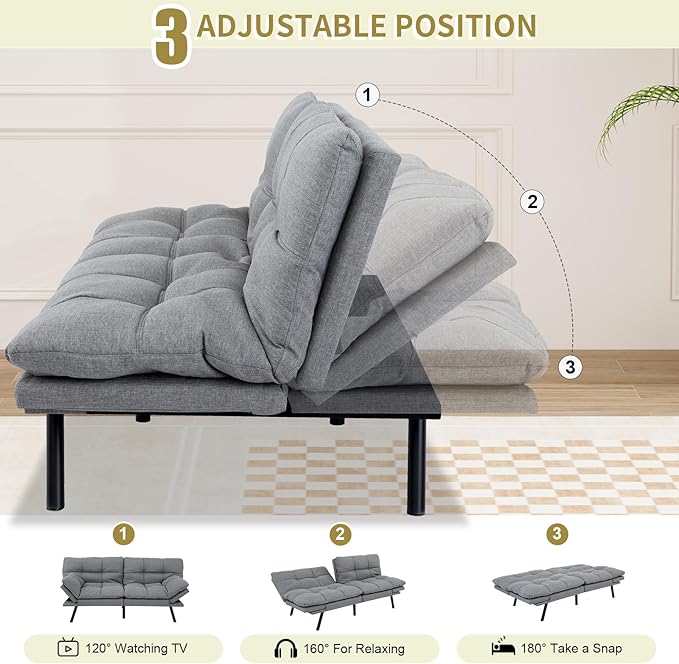 MUUEGM Convertible Futon Sofa Bed Memory Foam Futons Couch Bed 71 Adjustable Backrests and Armrests Sleeper Sofa Modern Love Seat Couch Bed for Living Room Small Space Office Light Grey