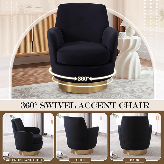 360° Swivel Barrel Chair Set of 2 28.3 Modern Velvet Round Accent Chair Comfy Upholstered Small Armchair with Gold Metal Base for Living Room Bedroom Nursery Office Sillas para Sala Black