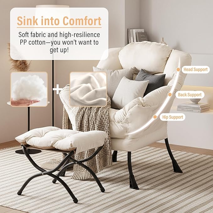 Lazy Chair with Ottoman Modern Chair with Folding Footrest Lounge Accent Chair Comfortable Reading Chair Oversized Armchairs for Bedroom Study Living Room Courtyard (Beige)