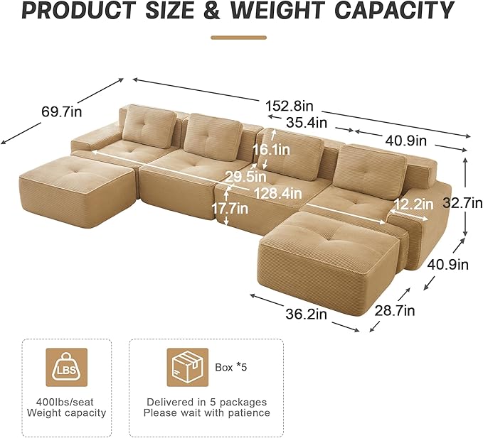 Boneless Couch Modular Sectional Sofa 153 Modern Cloud Couch with Deep Seat Comfy Corduroy U Shaped Sectional Couches for Living Room 4 Seater Tufted Floor Sofa with Movable Ottoman Camel