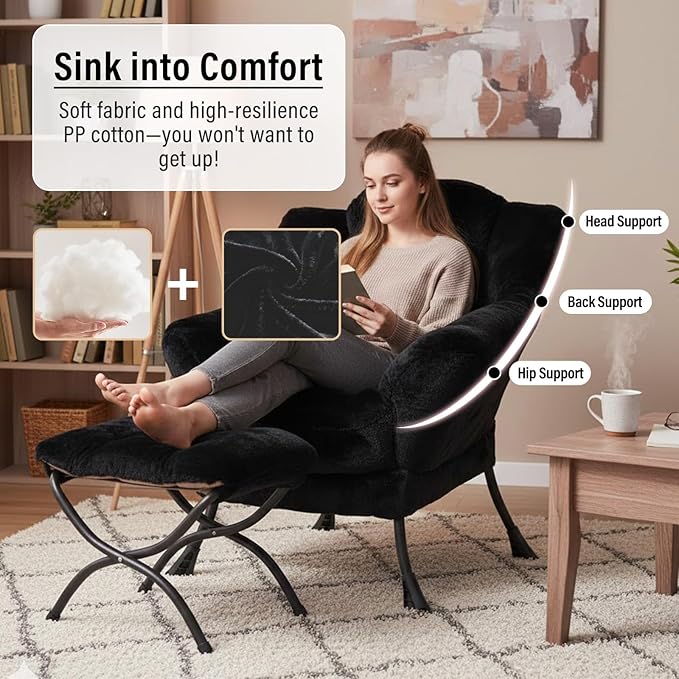Lazy Chair with Ottoman Modern Accent Chair with Armrests and a Side Pocket Plush Black Accent Chairs Reading Chairs Oversized Armchairs for Bedroom Study Living Room Courtyard