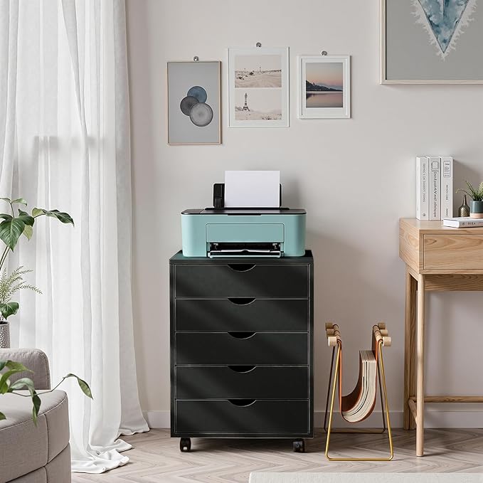 OLIXIS 5 Drawer Mobile File Cabinet Under Desk Storage Organization with Wheels Vertical Filing Chest Rolling Wood Small Desk Printer Stand for Home Office 15.75D x 18.74W x 25.39H Black