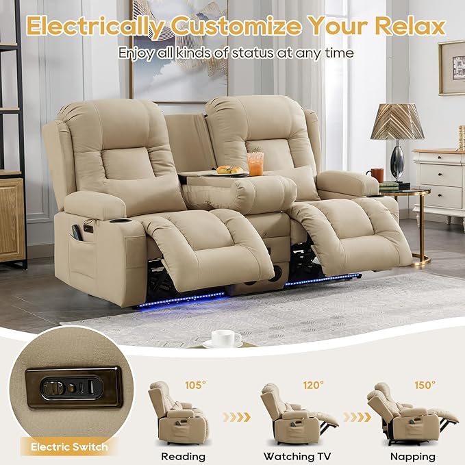 IPKIG Power Loveseat Recliner Sofa with Flip-Up Backrest Console Bluetooth Speakers Drawer AC Outlet LED Light Wall Hugger Recliners for Living Room RV Home Theater (Beige Loveseat)
