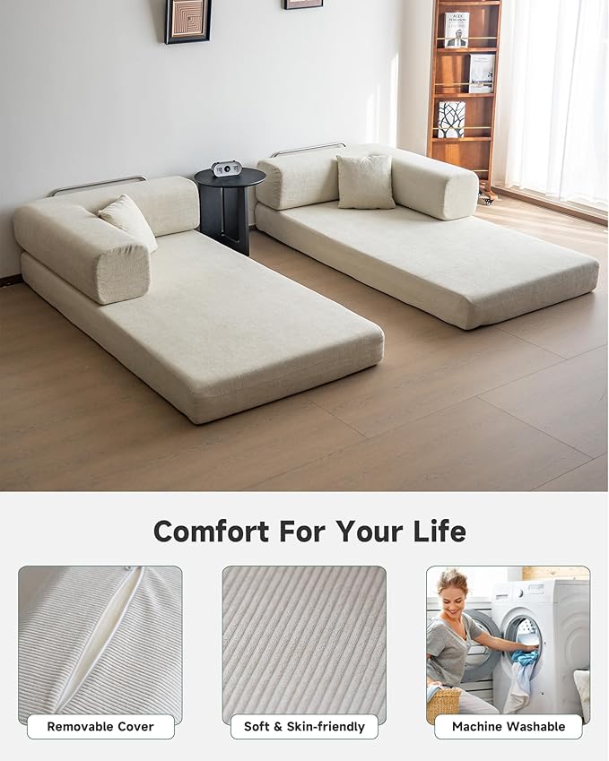 No Assembly Convertible Sofa Bed &amp 79 Boneless Couch with Pocket  5-in-1 Futon Sofa Bed with 2 Pillows Modular Pull Out Couch Bed with FrameCompression in Box for Living Room Small Spaces Beige