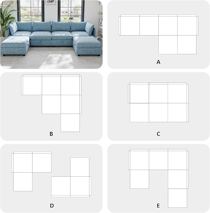 129” Modular Sectional Sofa Convertible 6 Person U Shaped Couch with Storage 2 Removable Ottomans &amp Deep Seats Memory Foam Comfy Modular Couch for Living Room (Antique Blue 6 Seat)