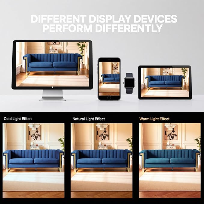 KEIKI 84 Velvet Sleek Channel-Tufted Sofa with Armrest and Back Cushions Modern Style Gold Accents 3-Seater Upholstery Couch with Solid Legs Easy Assembly for Living Room Bedroom Apartment Blue