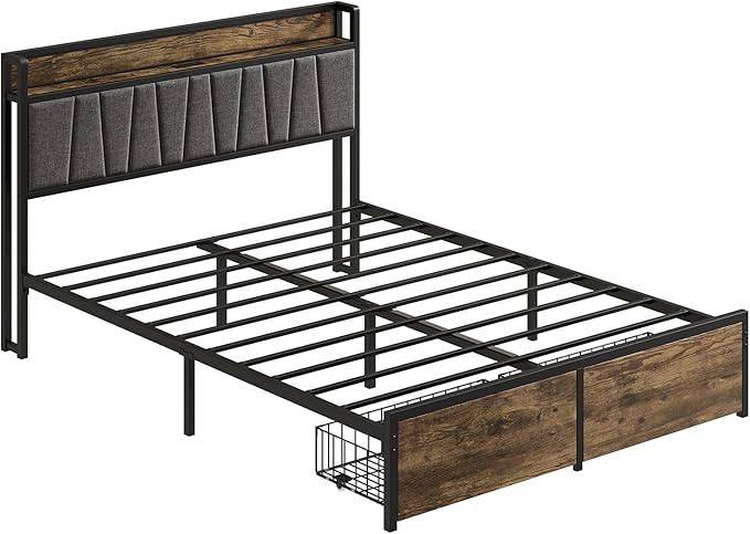 Queen Bed Frame with Storage Drawers and Charging Station Upholstered Headboard Metal Platform Bed with USB Ports No Box Spring Needed Easy Assembly Dark Brown