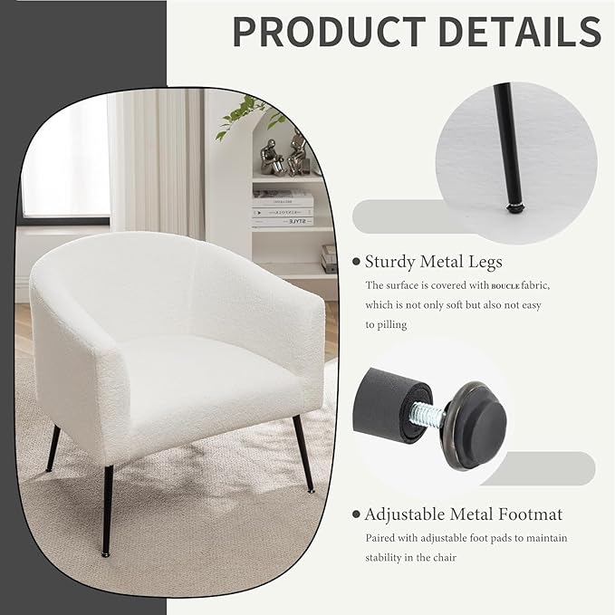 Modern Sherpa Boucle Accent Chair Set of 2 Upholstered Comfortable Armchair with Thicken Cushion Black Metal LegsComfy Reading Chairs for Living Room Bedroom Office(White)