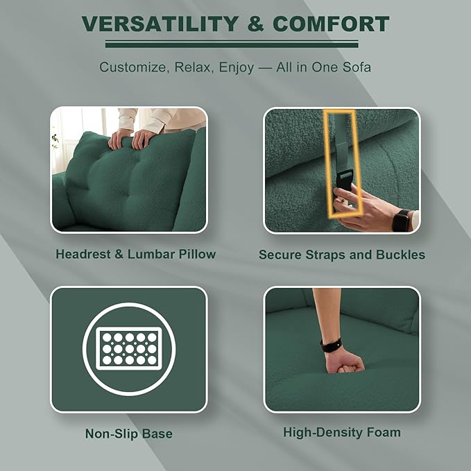 78.7 King Foldable Sofa Bed Lazy Sofa Couch 3-in-1 Multi-Functional Sleeper Sofa Bed Teddy Futon Sofa Floor Loveseat Sofa Human Dog Bed Bean Bag Lounge Recliner for Living Room Green