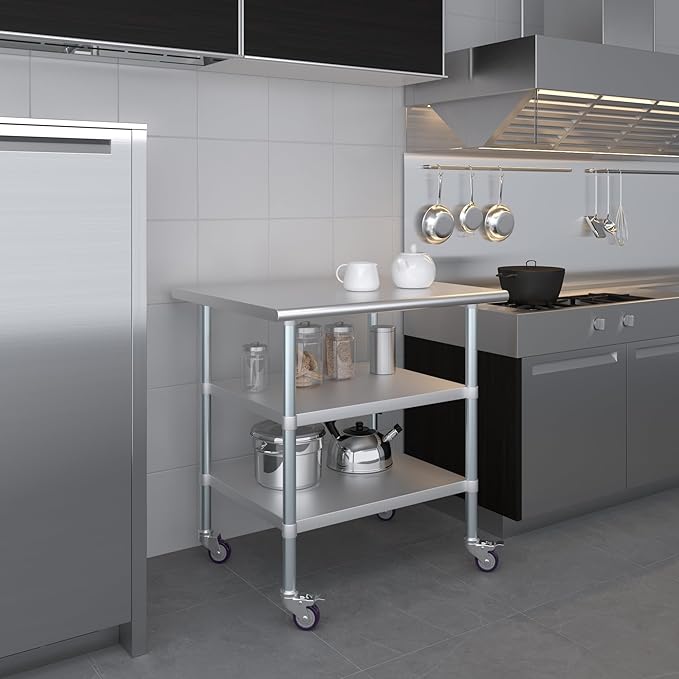 AmGood Stainless Steel Work Table with 2 Shelves and Casters | Metal Utility Table On Wheels (Stainless Steel Work Table with 2 Shelves + Casters 36 Long x 30 Deep)