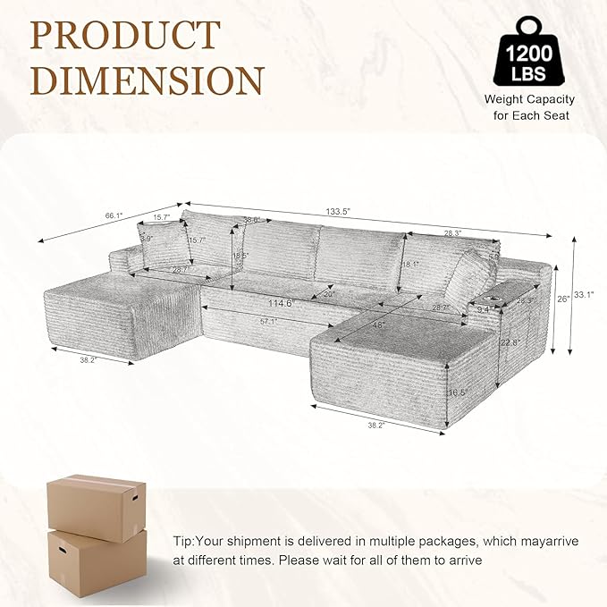 Modular Sectional Couch Modern Cloud Sectional Sofa U Shaped Boneless Couch with Double Chaise Comfy Deep Seat Upholstered Sofas Couches for Living Room No Assembly (134 Light Grey)