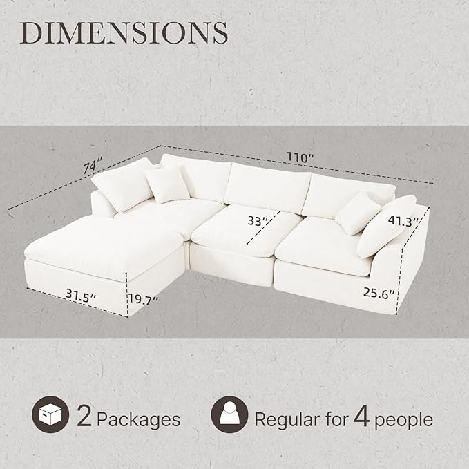 Modular Sectional Cloud Sofa Couch 110” L-Shape Wide Armrest 3 Seats Couch Free Combination Compressed Sofa for Living Room BedroomNo Assembly Needed (White 3 Seats)