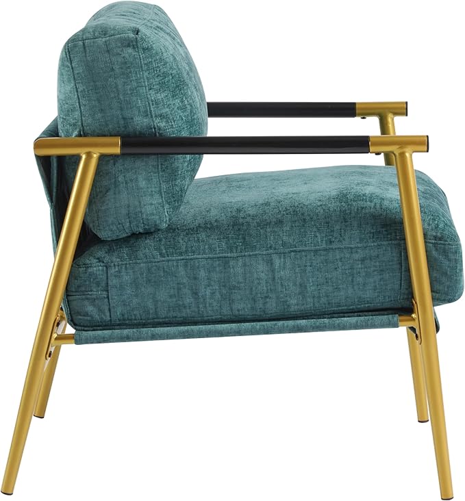 Merax Modern Accent Chair with Plush Cushions and Wooden Armrest Design Living Room Accent Chair with Metal Frame for Living Room Bedroom or Office Seating Easy Assembly Teal Blue+Gold