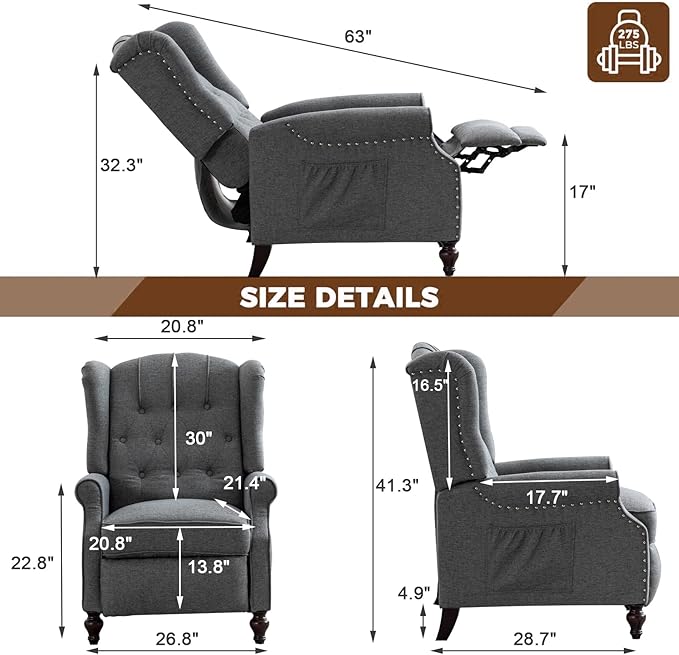 Push Back Recliner Mid-Century Modern Accent Chair Reading Chairs Set of 2 Tufted Fabric Arm Chair for Living Room w/Heat Massage/Side Pockets (2 PC Gray)