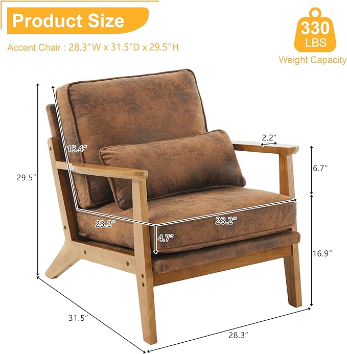 Karl home Accent Chair Wide Armrest Mid-Century Lounge Chair Bronzing Cloth Armchair with Lumbar Pillow &amp Solid Wood Frame for Living Room Bedroom Balcony Brown