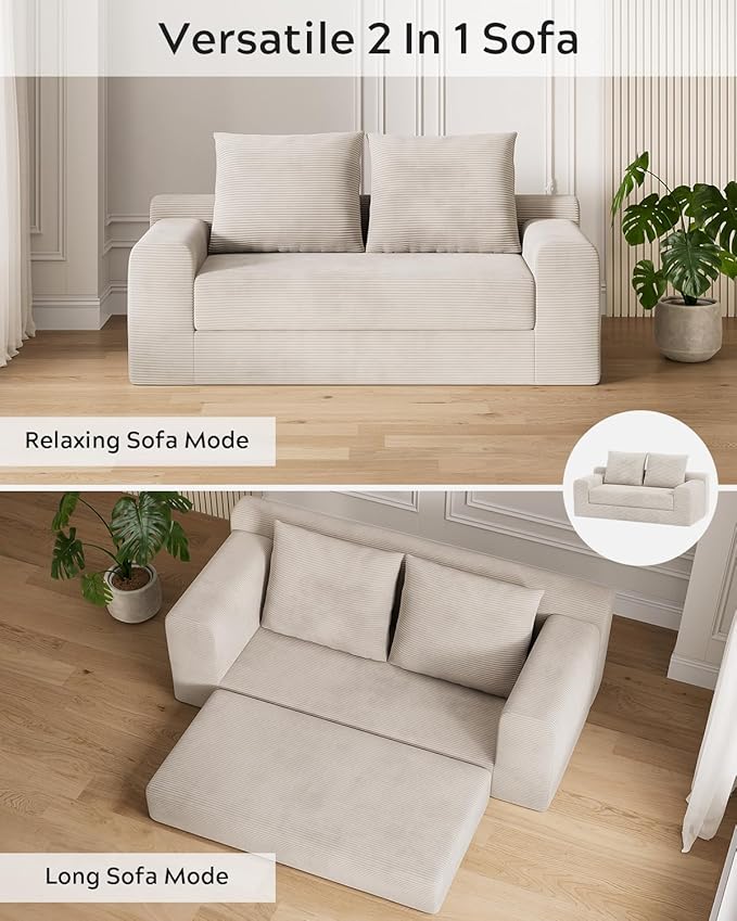 Modern Loveseat Sofa for Living Room 71 Cofy 3-Seater Couch Pull Out Sofa Bed with 2 Pillows Corduroy Boneless Convertible Couch for Small Space Apartment Beige